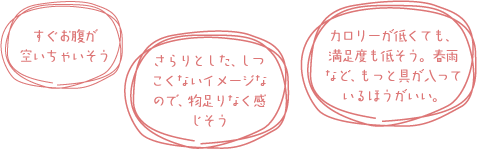 すぐお腹が空いちゃいそう/さらりとした、しつこくないイメージなので、物足りなく感じそう/カロリーが低くても、満足度も低そう。春雨など、もっと具が入っているほうがいい。