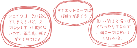 シェイクは一気に飲んでしまえるけど、スープは少しずつし飲めないので、薬品臭い感じがするのでは?/ダイエットスープは腹持ちが悪そう/急いで作ると粉っぽくなったりするので、粉スープはおいしくない印象。